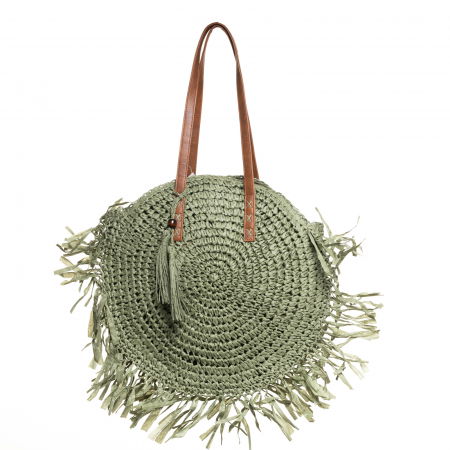 Genti Impletite - Geanta shopper circulara mare impletita, cu franjuri mari decorativi, verde prafuit