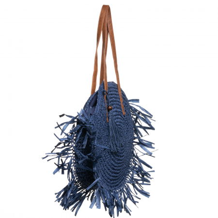 Geanta shopper circulara mare impletita, cu franjuri mari decorativi, bleumarin [1]