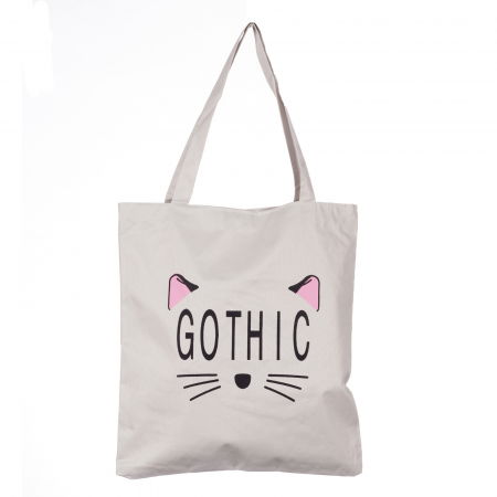 Geanta shopper alba din material textil, cu imprimeu grafic pisica Gothic Genți din Material Textil - Geanta shopper alba din material textil, cu imprimeu grafic pisica Gothic