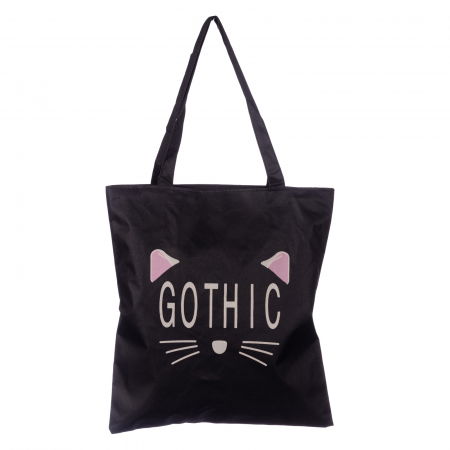Geanta shopper neagra din material textil, cu imprimeu grafic pisica Gothic Genți din Material Textil - Geanta shopper neagra din material textil, cu imprimeu grafic pisica Gothic