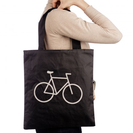 Genți - Geanta shopper neagra din material textil, cu imprimeu grafic bicicleta