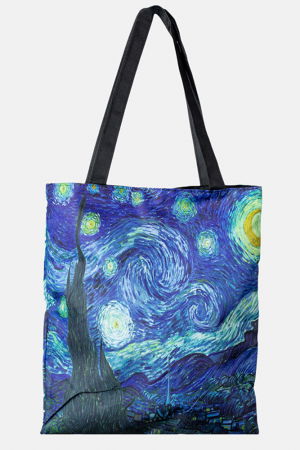 Genți din Material Textil - Geanta shopper din material textil, cu imprimeu inspirat din pictura "Noapte Instelată" a lui Vincent Van Gogh