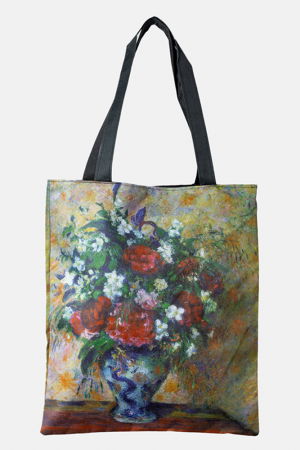 Geanta shopper din material textil, cu imprimeu inspirat dintr-o pictura cu flori albe si rosii Genți din Material Textil - Geanta shopper din material textil, cu imprimeu inspirat dintr-o pictura cu flori albe si rosii