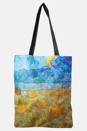 Genți din Material Textil - Geanta shopper din material textil, cu imprimeu inspirat dintr-o pictura cu lanuri muncite a lui Van Gogh