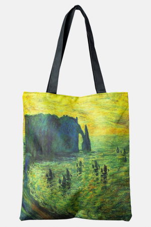 Genți - Geanta shopper din material textil, cu imprimeu inspirat dintr-o pictura cu peisaj marin la apus