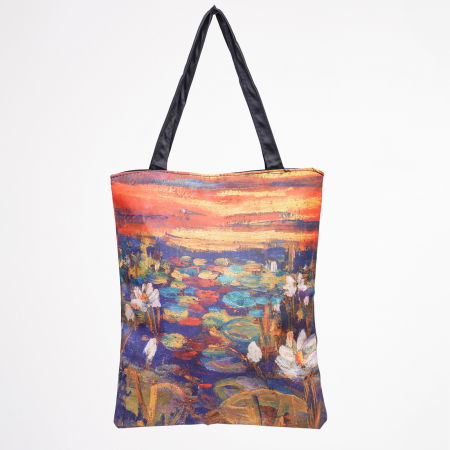 Geanta shopper din material textil, imprimata cu reproducere dupa o pictura celebra cu nuferi Genți din Material Textil - Geanta shopper din material textil, imprimata cu reproducere dupa o pictura celebra cu nuferi