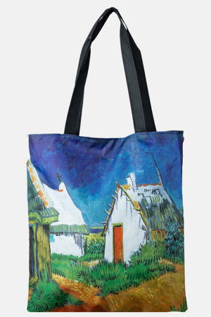 Genți din Material Textil - Geanta shopper din material textil, imprimata cu reproducere dupa un peisaj cu casute
