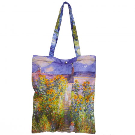 Genți din Material Textil - Geanta shopper din material textil satinat, cu imprimeu peisaj marin cu far si copil