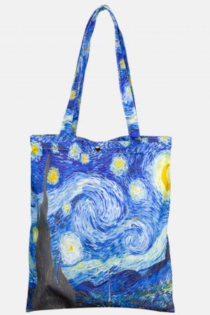 Genți - Geanta shopper din material textil satinat, cu imprimeu inspirat din pictura " Noapte Instelata" a lui Vincent Van Gogh