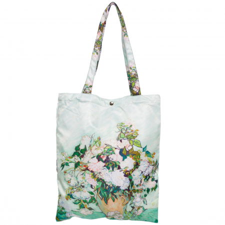 Genți din Material Textil - Geanta shopper din material textil satinat, cu reproducere dupa " Vaza cu trandafiri albi" de Van Gogh