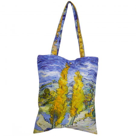 Genți - Geanta shopper din material textil satinat, cu imprimeu inspirat dintr-o pictura cu chiparosi a lui Van Gogh