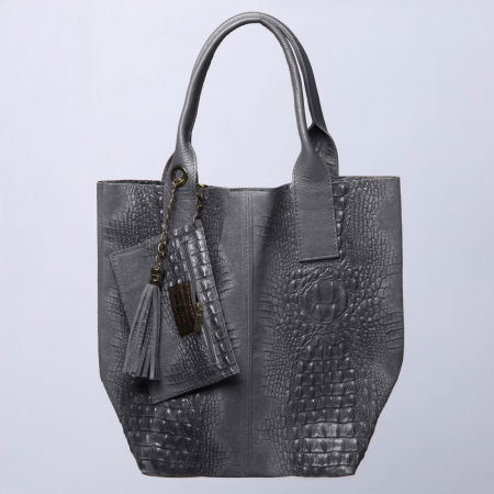 Genți din Piele Naturală - Geanta shopper din piele intoarsa naturala, gri inchis