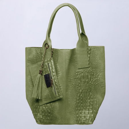 Genți din Piele Naturală - Geanta shopper din piele intoarsa naturala, verde olive