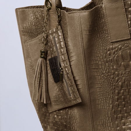 Geanta shopper din piele intoarsa naturala, bej inchis [2]