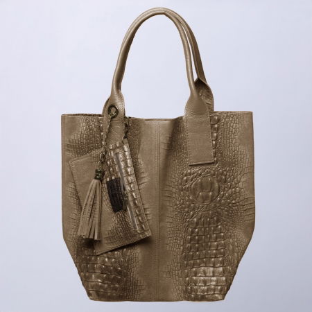 Genți din Piele Naturală - Geanta shopper din piele intoarsa naturala, bej inchis