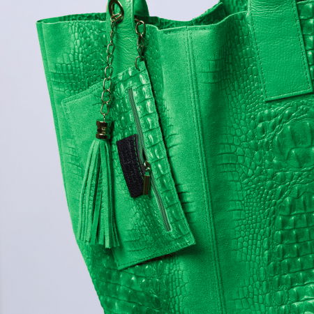 Geanta shopper din piele intoarsa naturala, verde smarald [2]