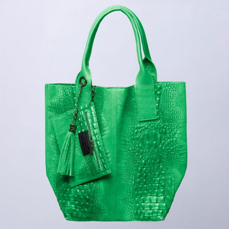 Genți din Piele Naturală - Geanta shopper din piele intoarsa naturala, verde smarald