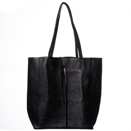 Genți din Piele Naturală - Geanta shopper din piele naturala, negru metalizat