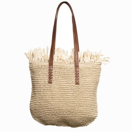 Genți - Geanta shopper impletita cu manere din piele ecologica si franjuri decorativi in partea de sus, bej deschis