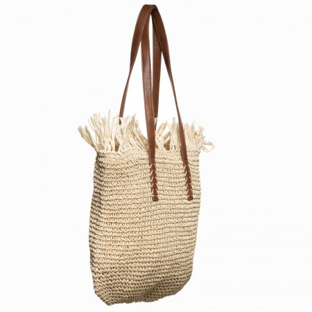 Geanta shopper impletita cu manere din piele ecologica si franjuri decorativi in partea de sus, bej deschis [1]
