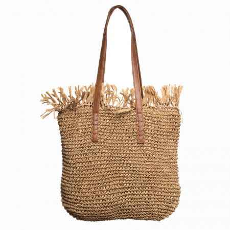 Genți - Geanta shopper impletita cu manere din piele ecologica si franjuri decorativi in partea de sus, bej inchis