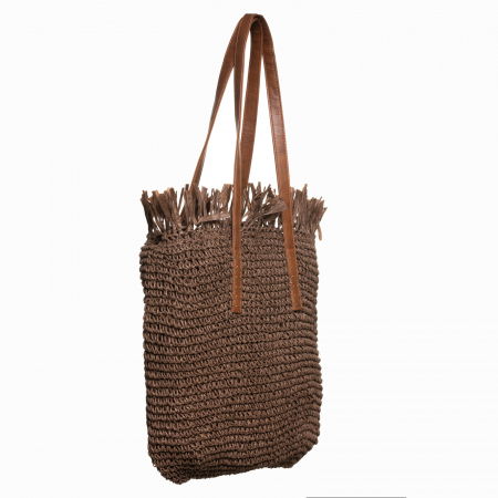 Geanta shopper impletita cu manere din piele ecologica si franjuri decorativi in partea de sus, maro [1]