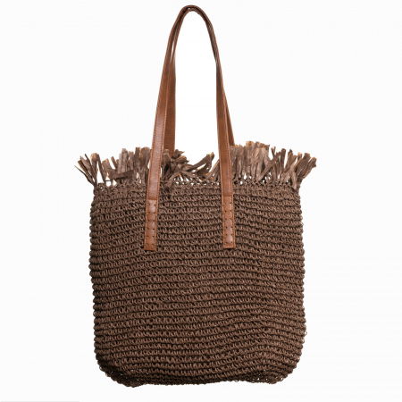 Genti Impletite - Geanta shopper impletita cu manere din piele ecologica si franjuri decorativi in partea de sus, maro