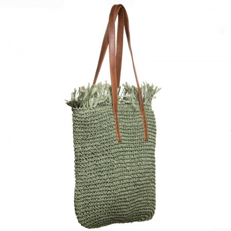 Geanta shopper impletita cu manere din piele ecologica si franjuri decorativi in partea de sus, verde prafuit [1]