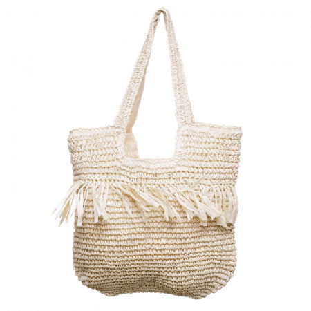 Genti Impletite - Geanta shopper impletita cu manere late si franjuri, bej deschis