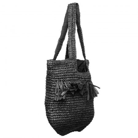Geanta shopper impletita cu manere late si franjuri, neagra [1]