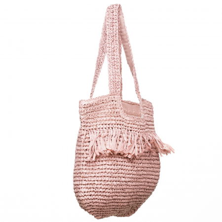 Geanta shopper impletita cu manere late si franjuri, roz prafuit [1]
