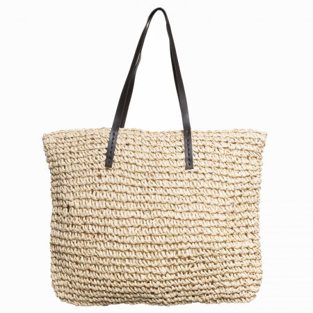 Genti Impletite - Geanta shopper impletita cu ochiuri mari si manere din piele ecologica, bej deschis