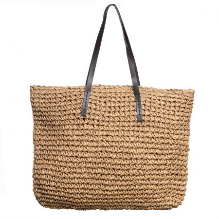 Genti Impletite - Geanta shopper impletita cu ochiuri mari si manere din piele ecologica, bej inchis