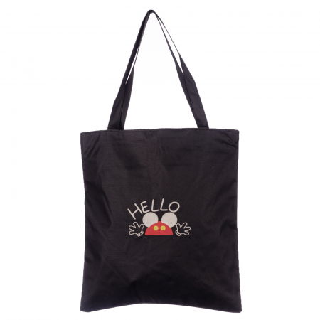 Geanta shopper neagra din material textil, cu imprimeu grafic Hello soricel Genți din Material Textil - Geanta shopper neagra din material textil, cu imprimeu grafic Hello soricel