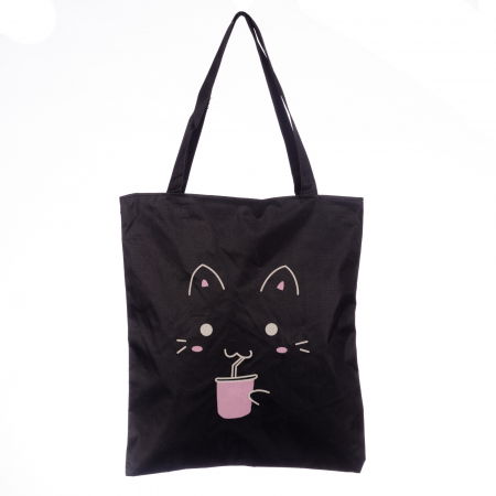Geanta shopper neagra din material textil, cu imprimeu grafic pisicuta cu roz Genți din Material Textil - Geanta shopper neagra din material textil, cu imprimeu grafic pisicuta cu roz