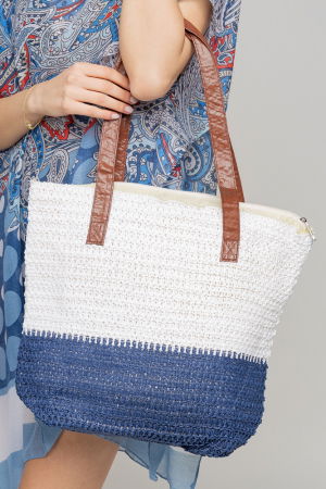 Genti Impletite - Geanta shopper bicolora impletita, alb si albastru