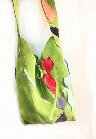 Genți si Plicuri Handmade - Geanta tip sac ,din piele naturala întoarsă  olive  ,cu pisicute