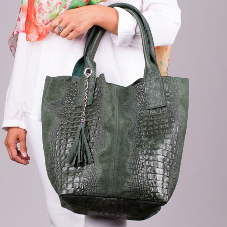 Geanta shopper verde inchis din piele intoarsa naturala
