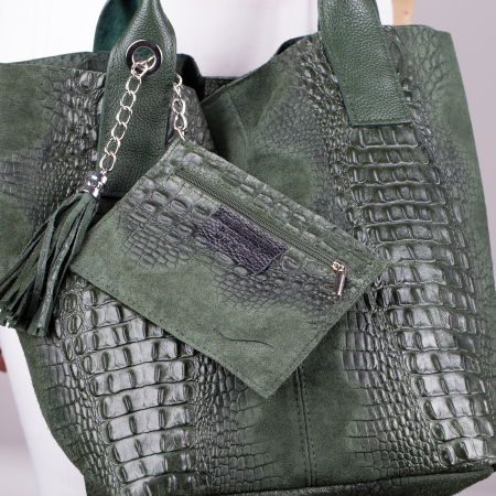 Geanta shopper verde inchis din piele intoarsa naturala [1]