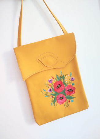 Genți si Plicuri Handmade din Piele - Geantă galben muștar  ,handmade, cu lalele și maci pictați,unicat