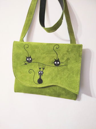 Genți - Geanta verde olive ,pictata manual,cu pisicute