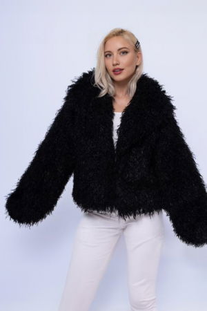 Geci & Jachete & Blazere - Haina scurta tip shaggy din blanita ecologica neagra, super pufoasa