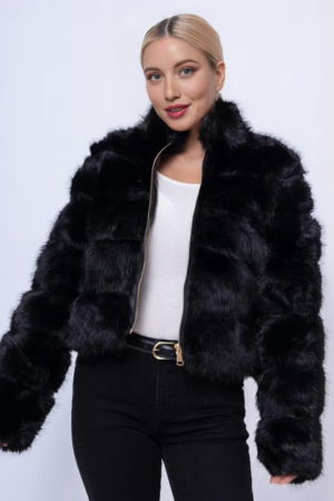 Geci & Jachete & Blazere - Geaca scurta din blana artificiala neagra, pufoasa si eleganta