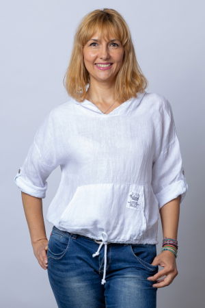 Cămăși din In - Hanorac alb din in cu buzunar marsupiu si gluga