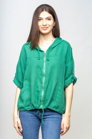 Cămăși din In - Hanorac verde din in cu fermoar metalic si gluga