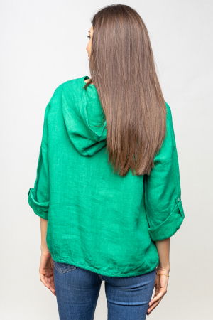 Hanorac verde din in cu buzunar marsupiu si gluga [2]