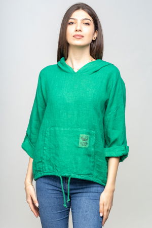 Cămăși din In - Hanorac verde din in cu buzunar marsupiu si gluga