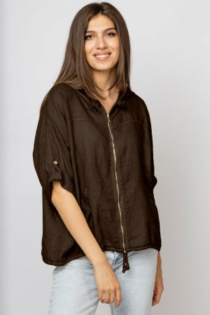 Hanorace - Hanorac maro din in cu fermoar metalic si gluga