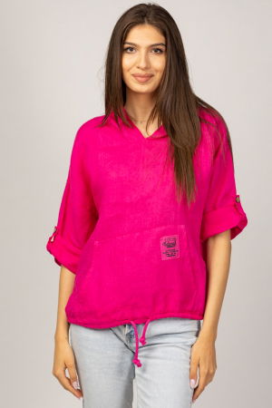 Cămăși din In - Hanorac fucsia din in cu buzunar marsupiu si gluga