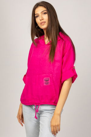 Hanorac fucsia din in cu buzunar marsupiu si gluga [1]
